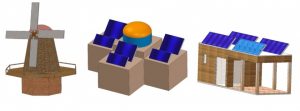 (v.l.n.r.) Schematische Darstellung der Konzepte für eine windbetriebene finnische Sauna, ein solarbetriebenes Hamam und eine hybride Anlage für süddeutsche Klimabedingungen. © Darstellung: Universität Stuttgart/IES Foto: Institut für Energiespeicherung